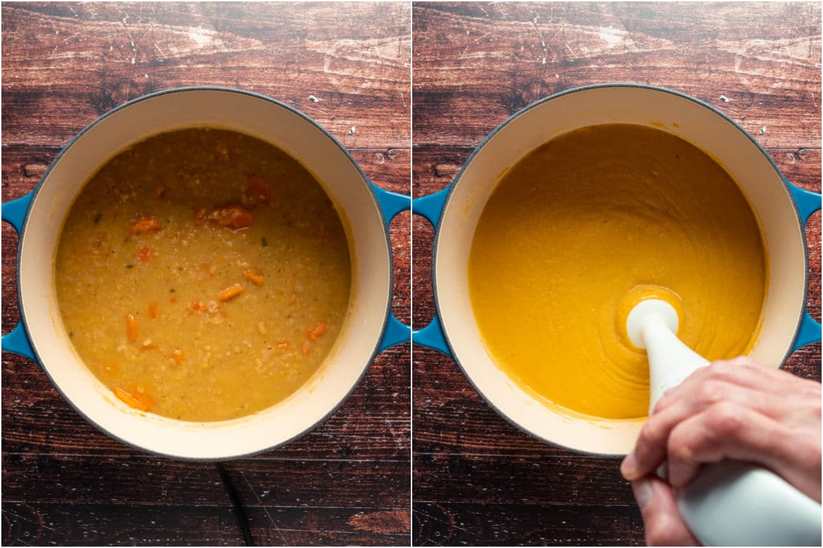 Two photo collage showing cooked lentil soup in a pot and then blended with an immersion blender.