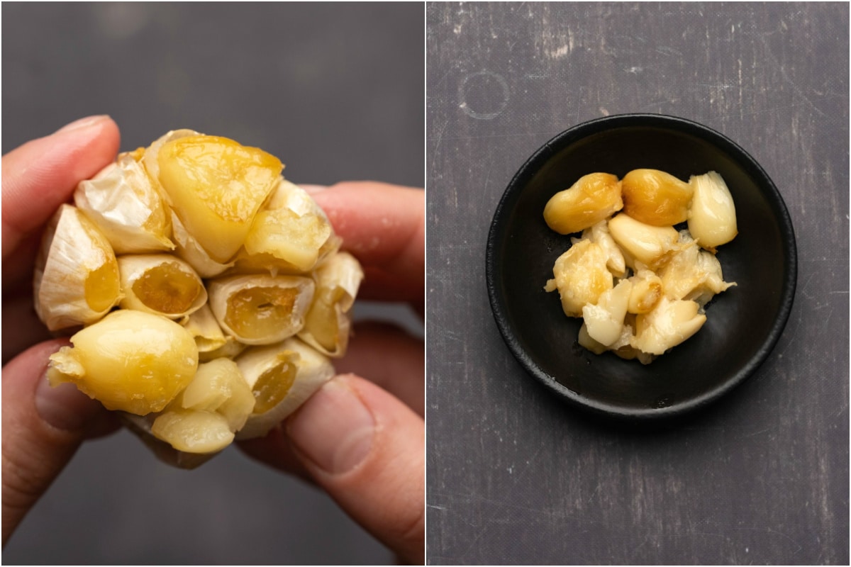 Two photo collage showing popping roasted garlic out of the skins and placing them into a bowl.