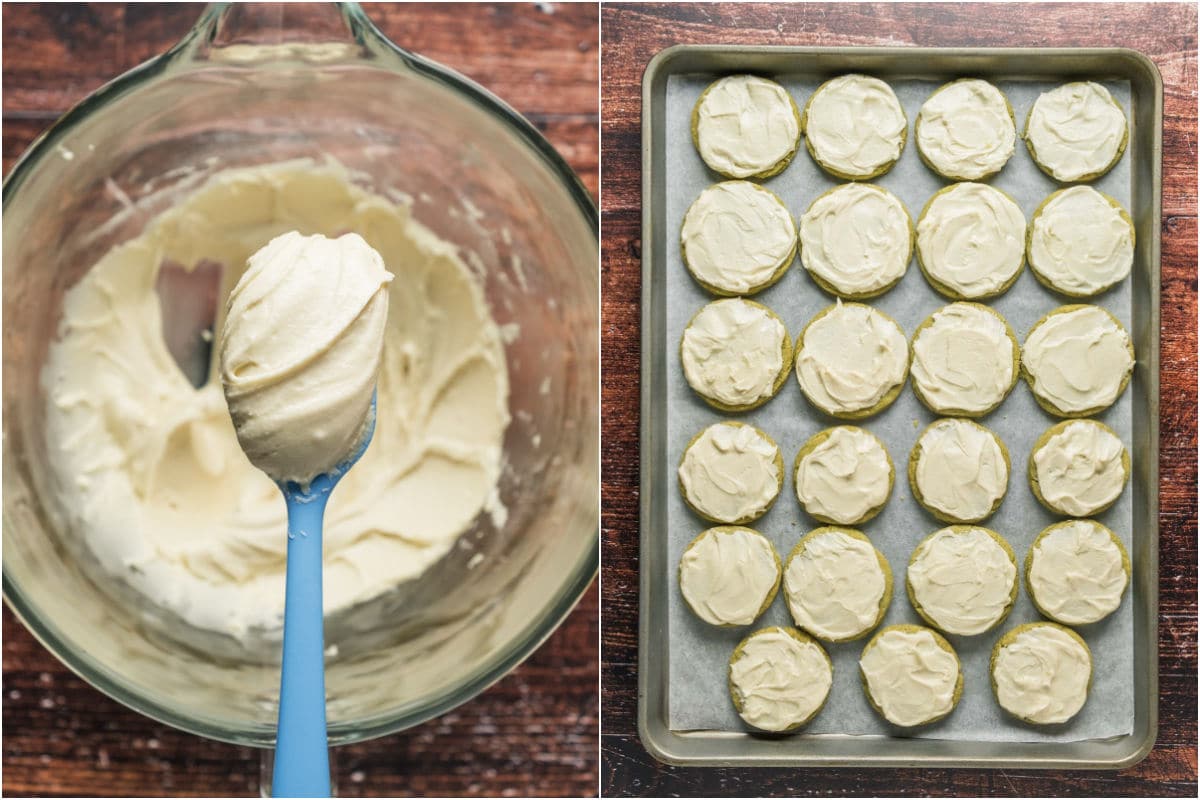 Two photo collage showing frosting in a bowl and then the frosted matcha cookies on a tray.