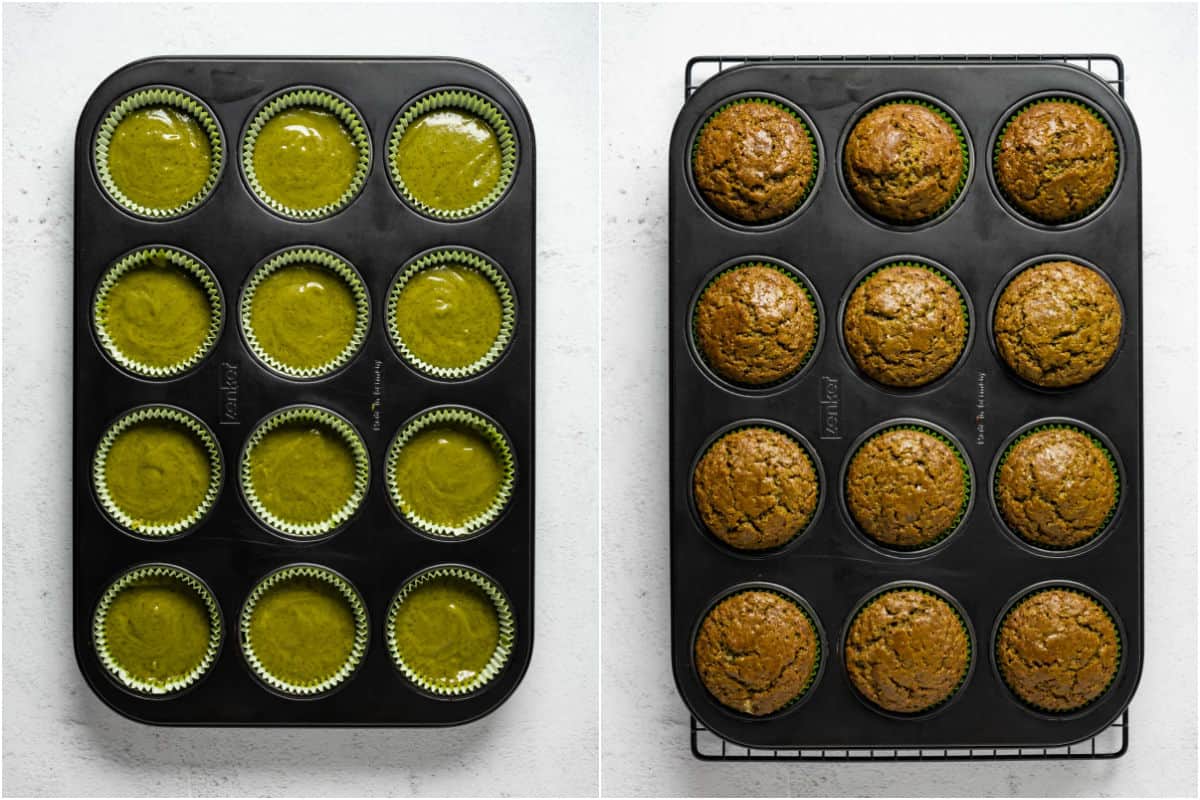 Two photo collage showing matcha cupcakes before and after baking.