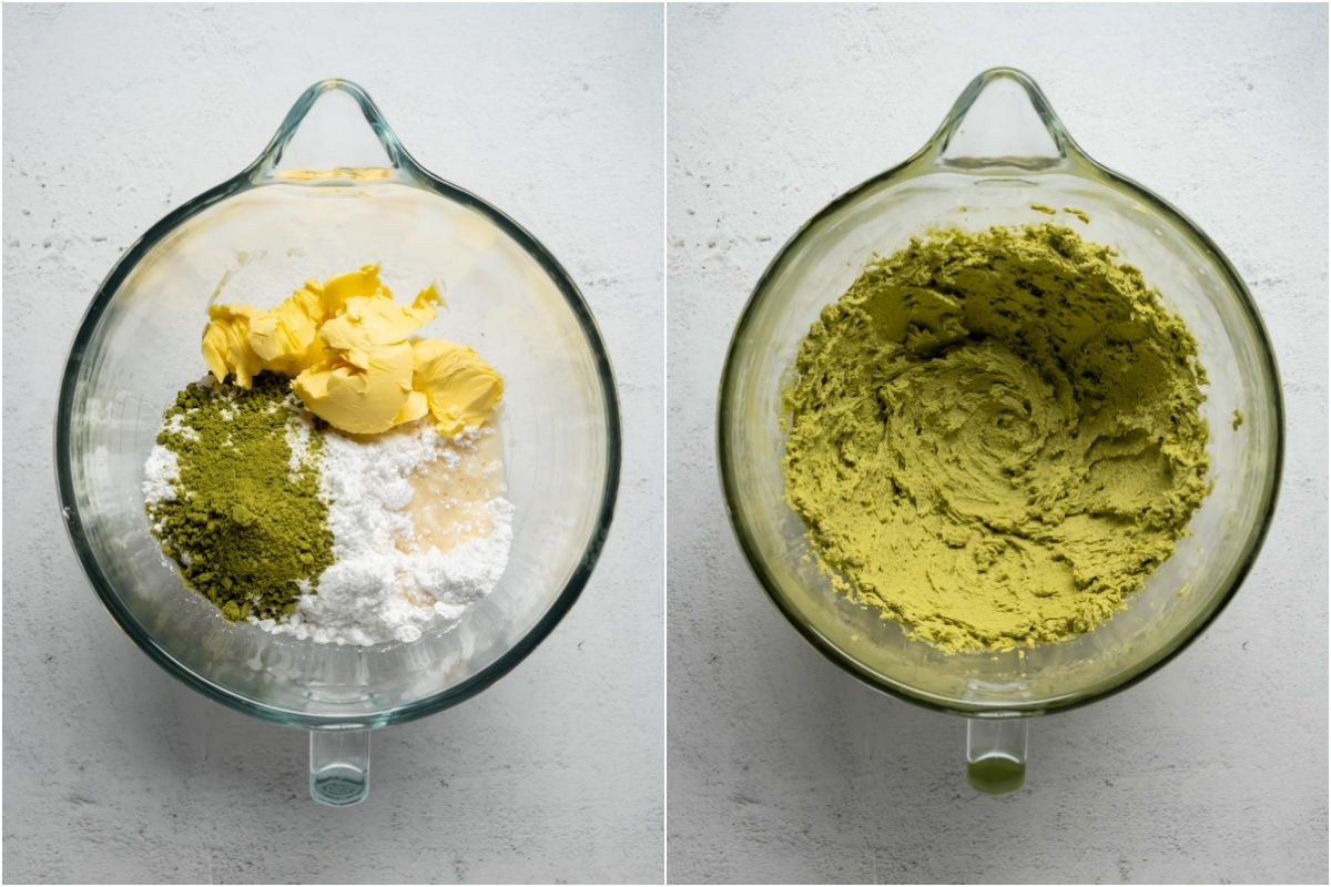 Collage of two photos showing matcha frosting ingredients added to stand mixer and mixed into frosting.