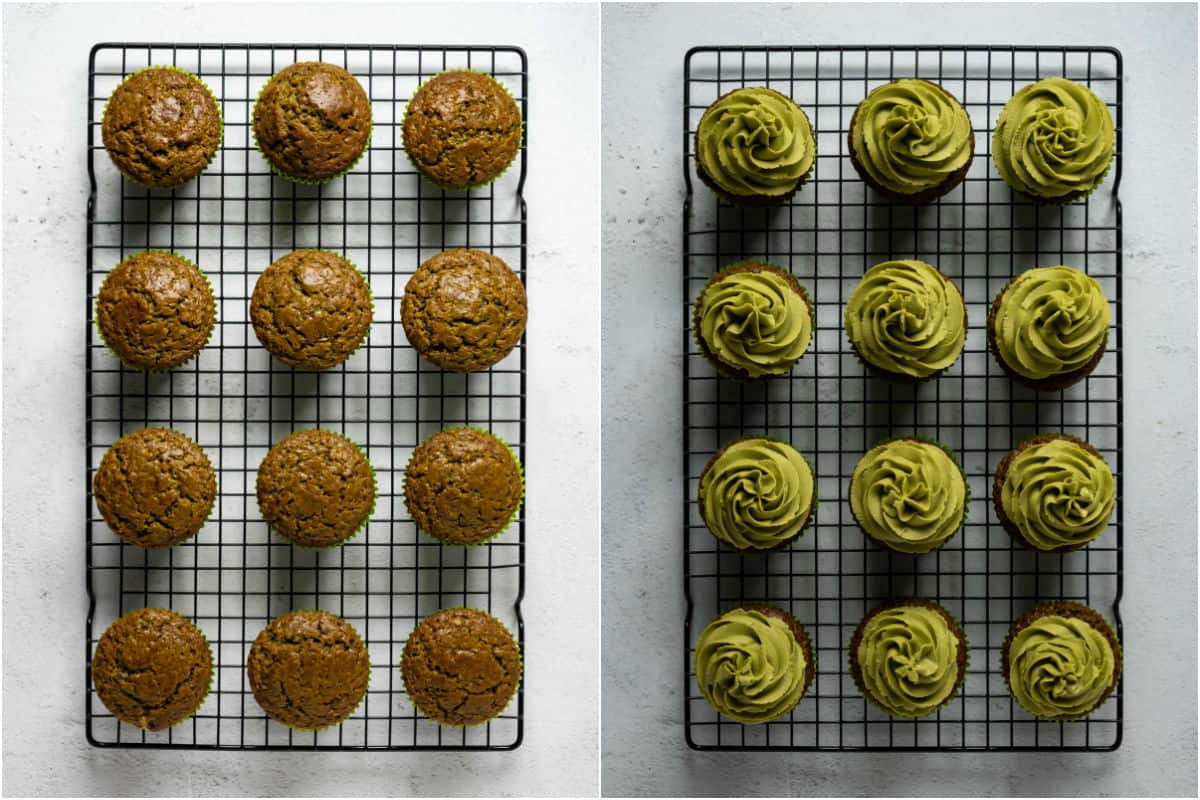 Two photo collage showing matcha cupcakes on a wire cooling rack and then frosted with matcha frosting.