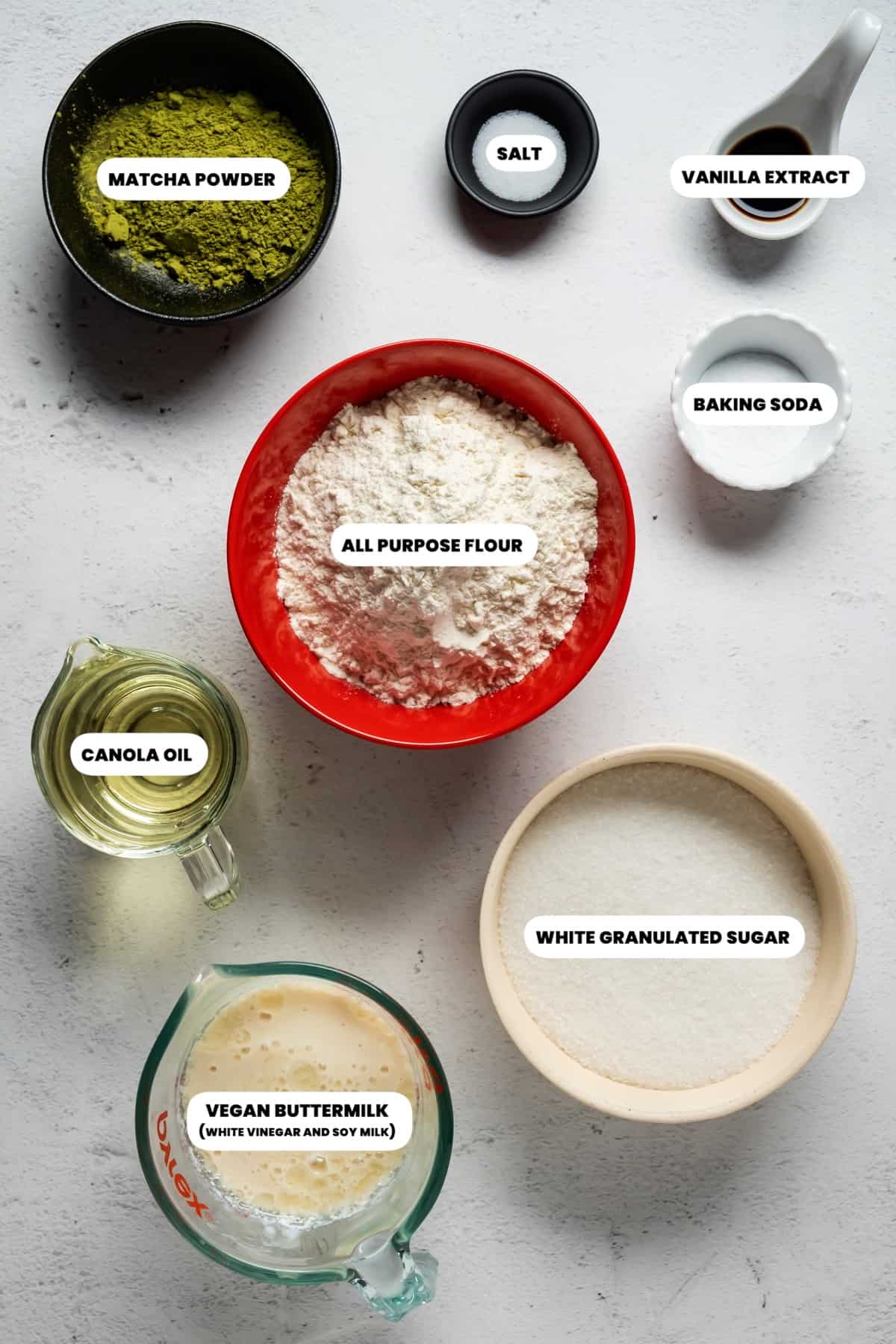 Photo of the ingredients needed to make vegan matcha cupcakes.