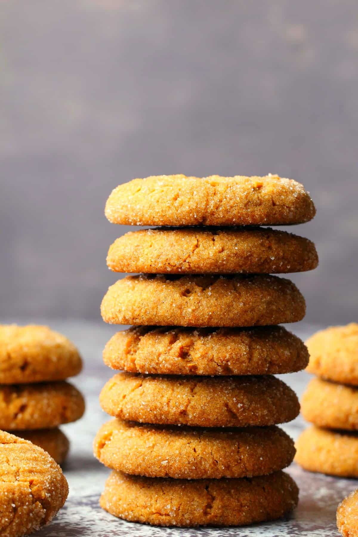 Vegan molasses cookies in a stack. 