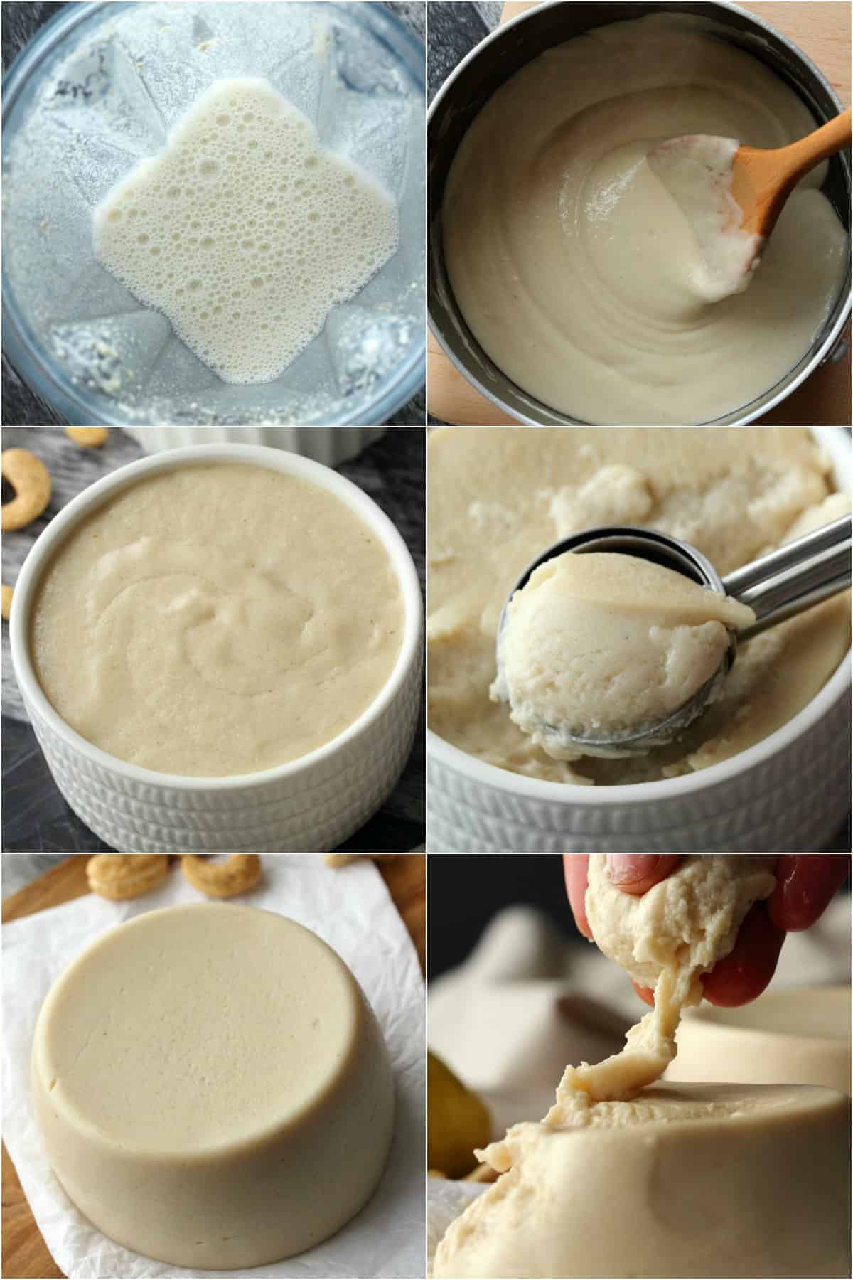 Step by step process photo collage of making vegan mozzarella. 