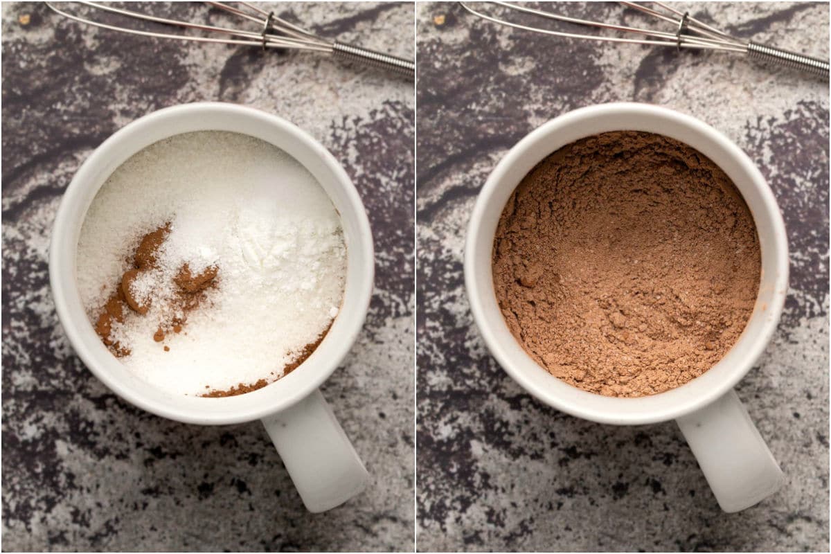 Collage of two photos showing dry ingredients added to mug and mixed together. 