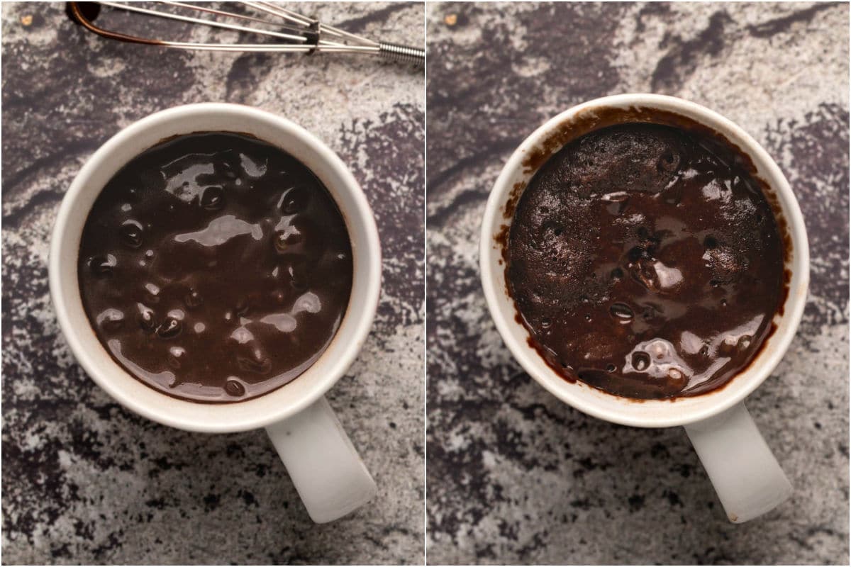 Two photo collage showing mug cake before and after microwaving.