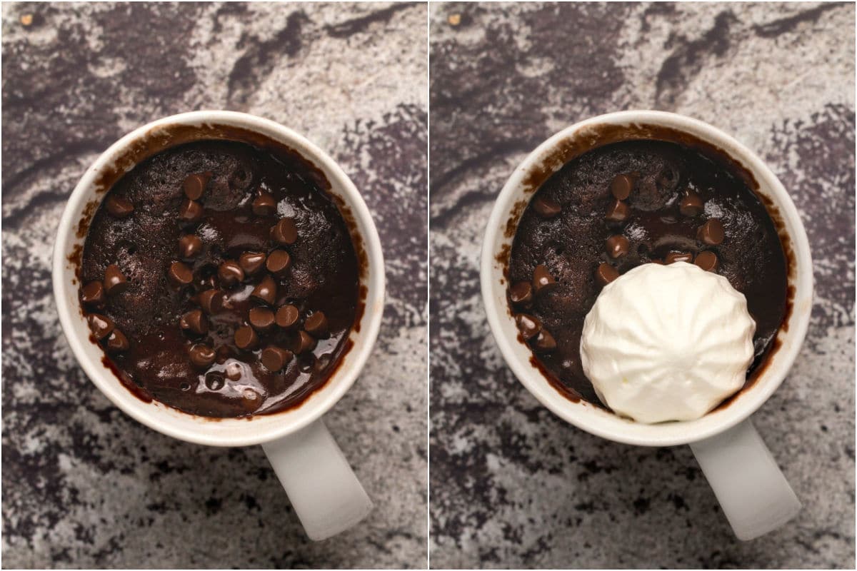 Two photo collage showing chocolate chips added to top of mug and decorated with a dollop of vegan cream.