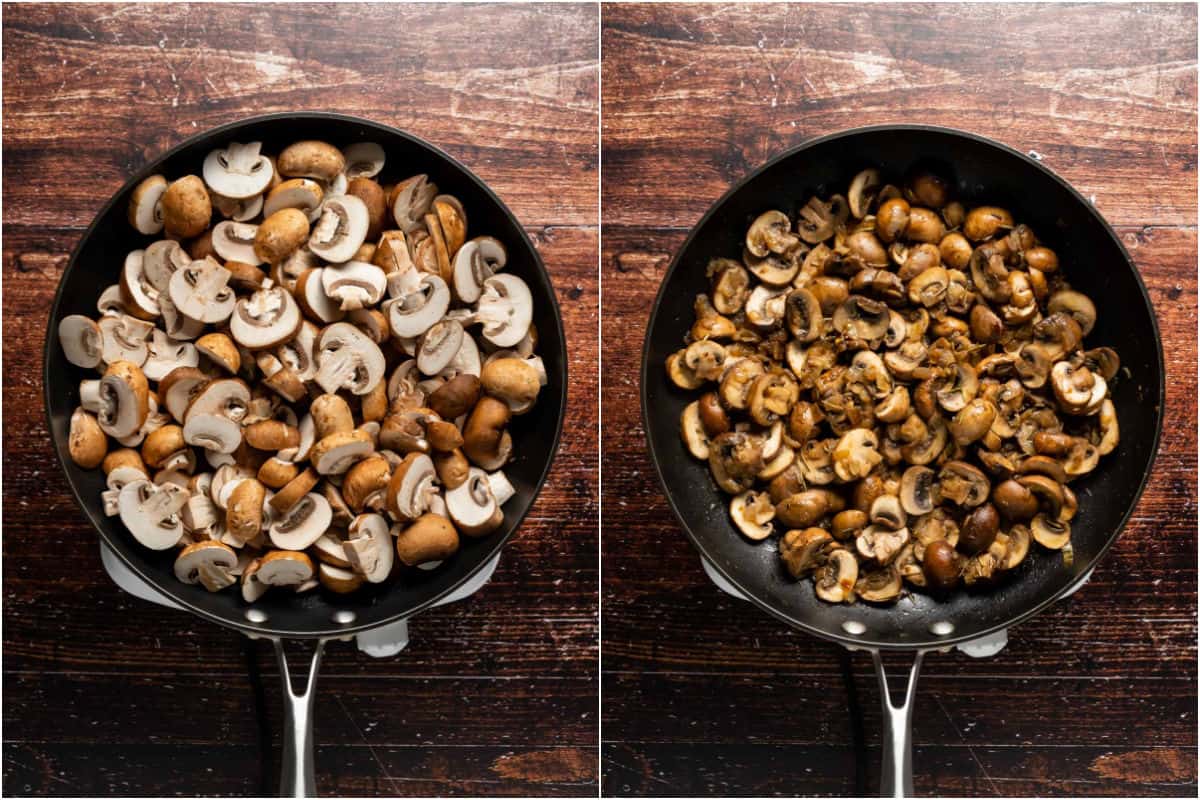 Two photo collage showing sliced mushrooms added to pan and sautéed.