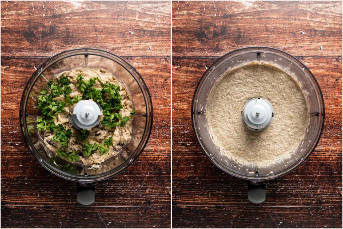 Two photo collage showing mushroom mix added to food processor with chopped parsley and processed.