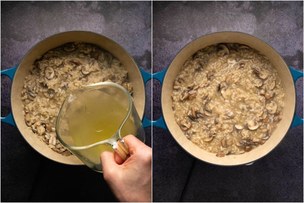 Two photo collage showing third vegetable stock added to pot and mixed in.