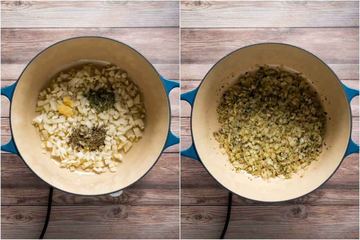 Collage of two photos showing chopped onion, garlic and spices added to a pot and sautéed.
