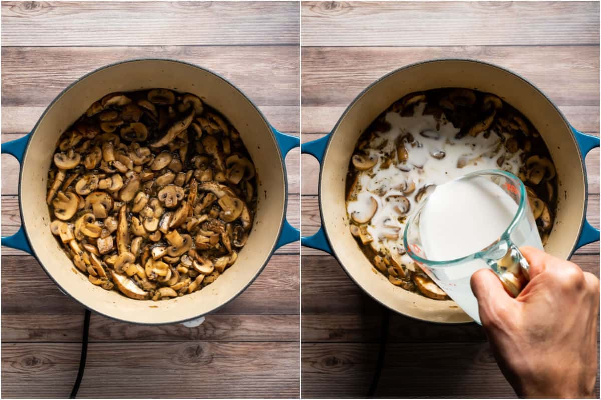 Collage of two photos showing the cooked down mushrooms in the pot and then coconut milk added.