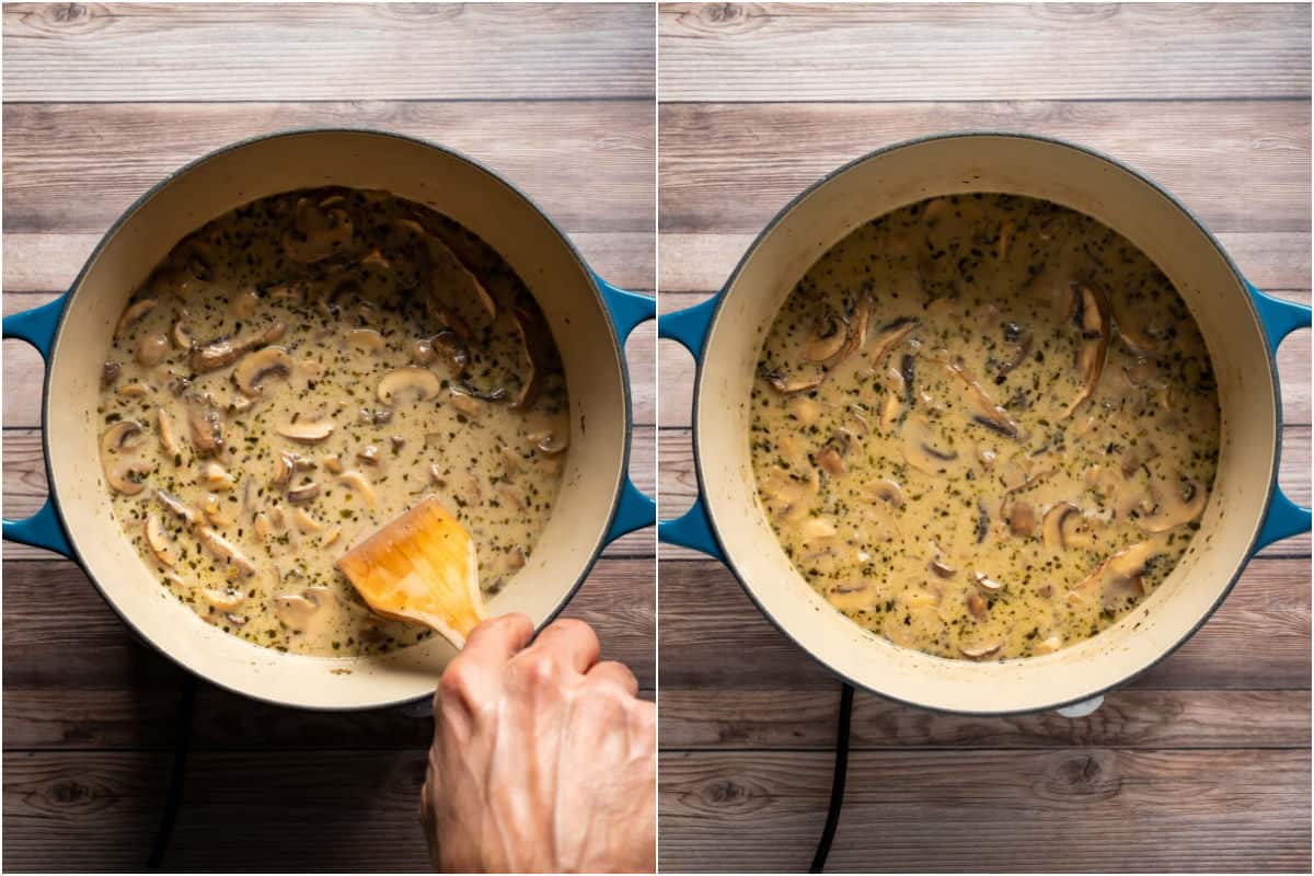 Two photo collage showing the soup simmering, stirred occasionally.