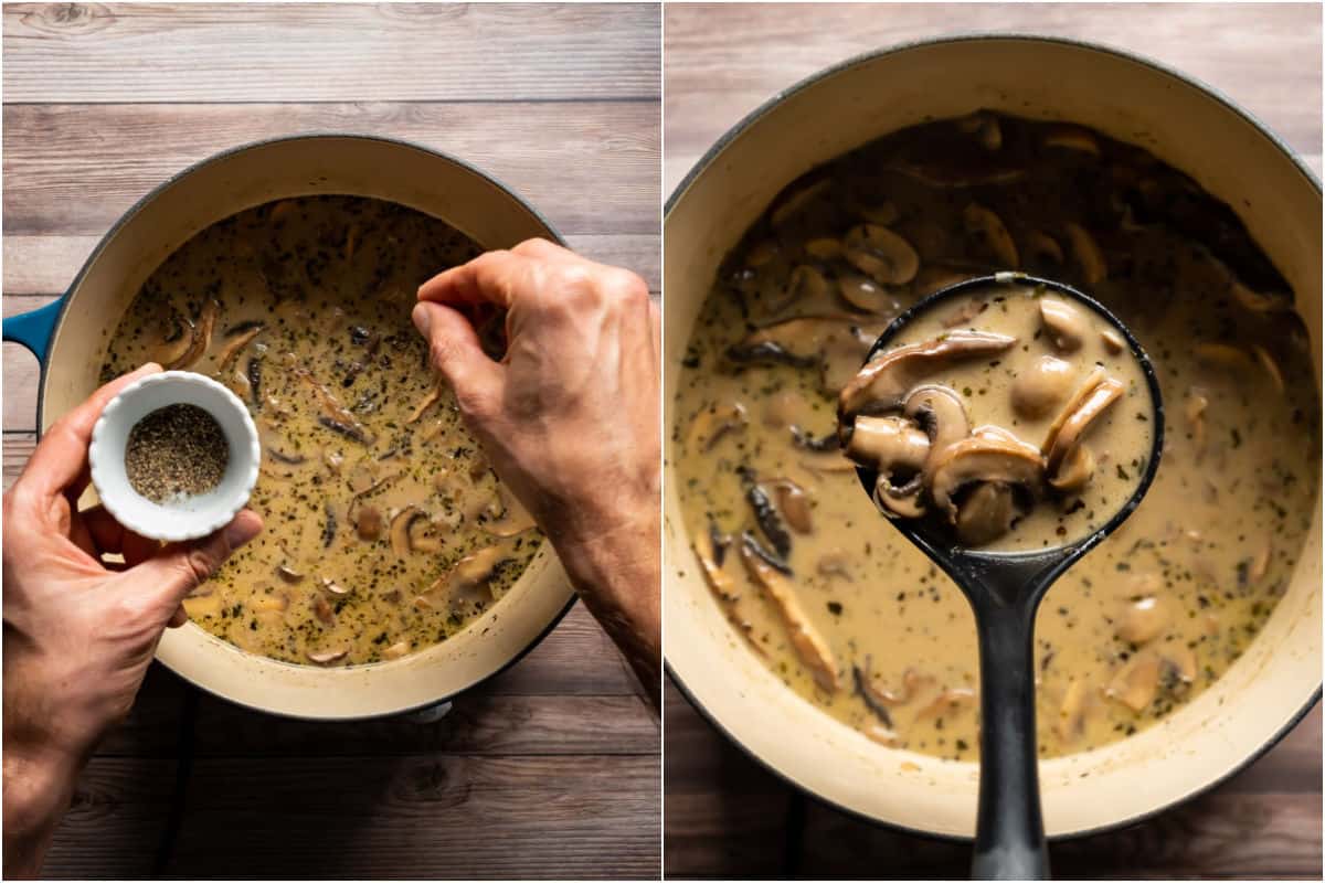 Two photo collage showing salt and pepper added to pot and then a soup ladle lifting soup out of the pot.