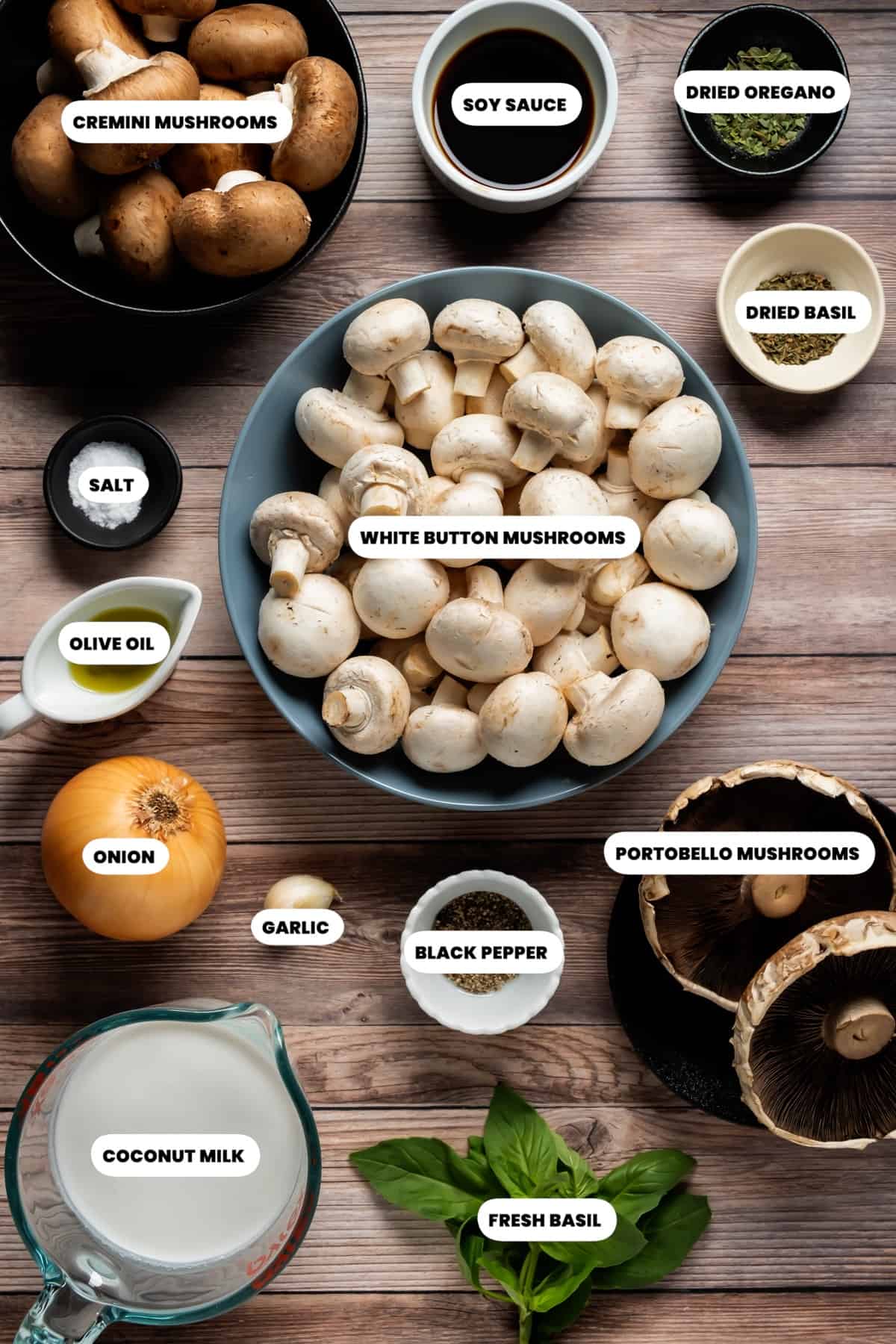 Photo of the ingredients needed to make vegan mushroom soup. 