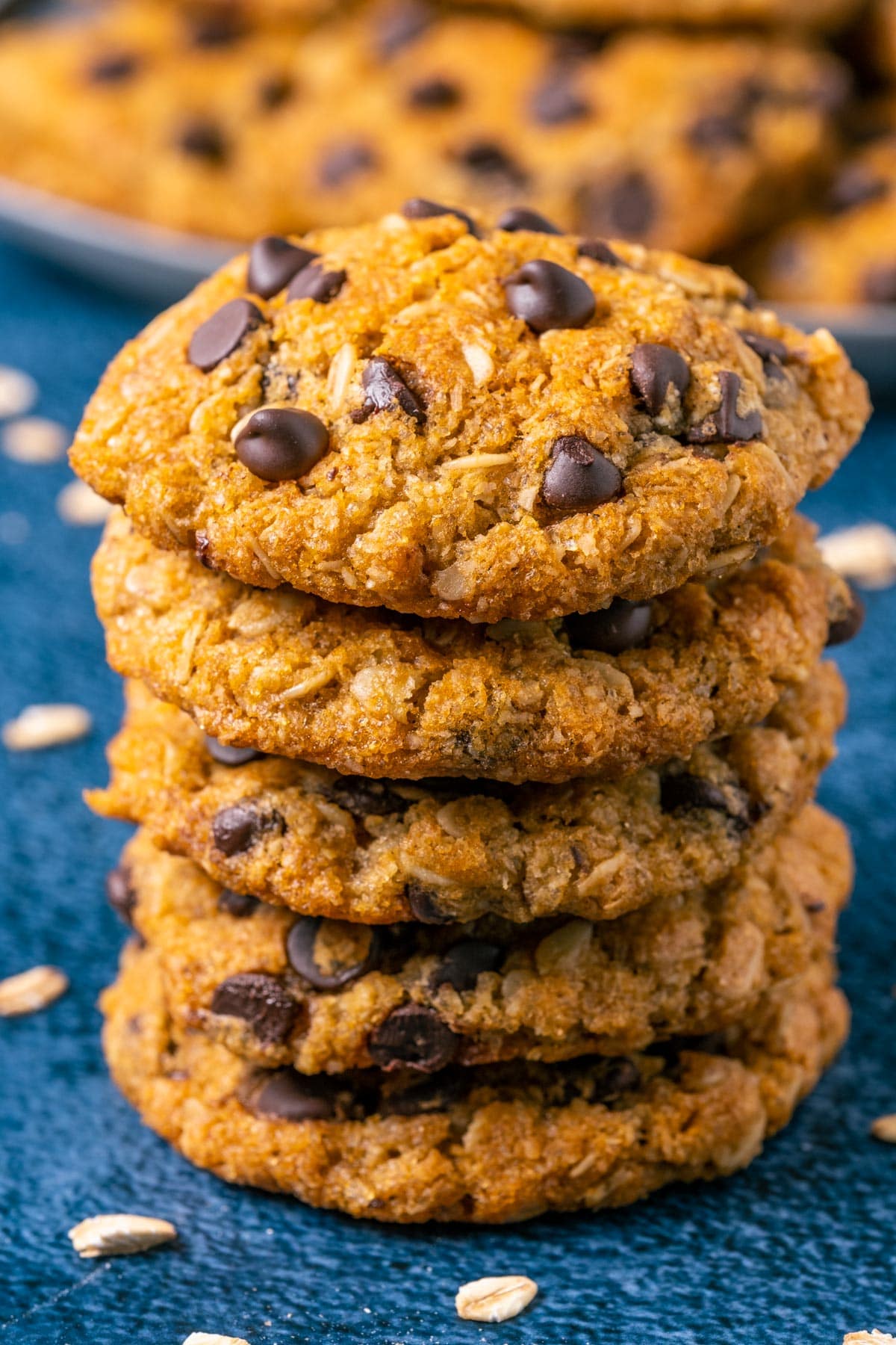 Stack of vegan oatmeal chocolate chip cookies.