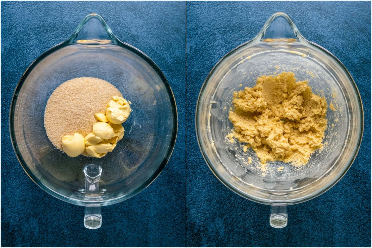 Two photo collage showing brown sugar and vegan butter added to stand mixer and creamed together.