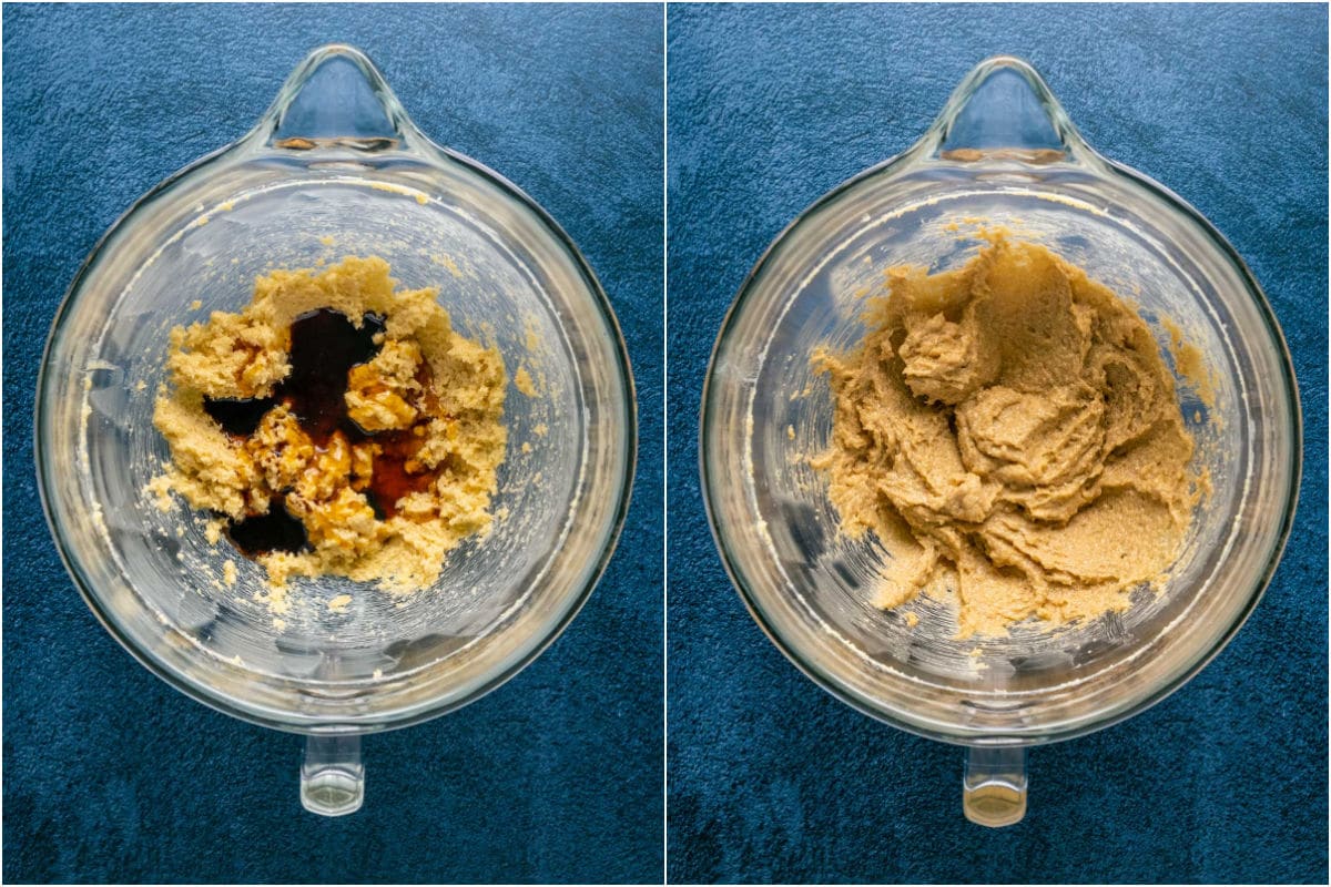 Two photo collage showing maple syrup and vanilla added to bowl and mixed in.
