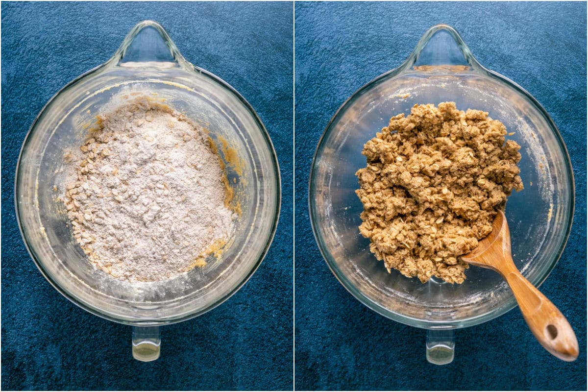 Two photo collage showing wet ingredients added to dry and mixed into a crumbly cookie dough.