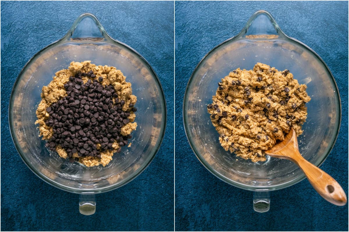 Two photo collage showing chocolate chips added to bowl and mixed in.