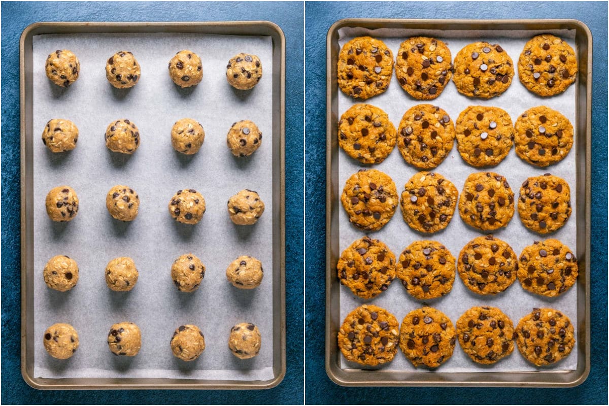 Two photo collage showing cookies rolled into balls on parchment lined tray and then the baked cookies.