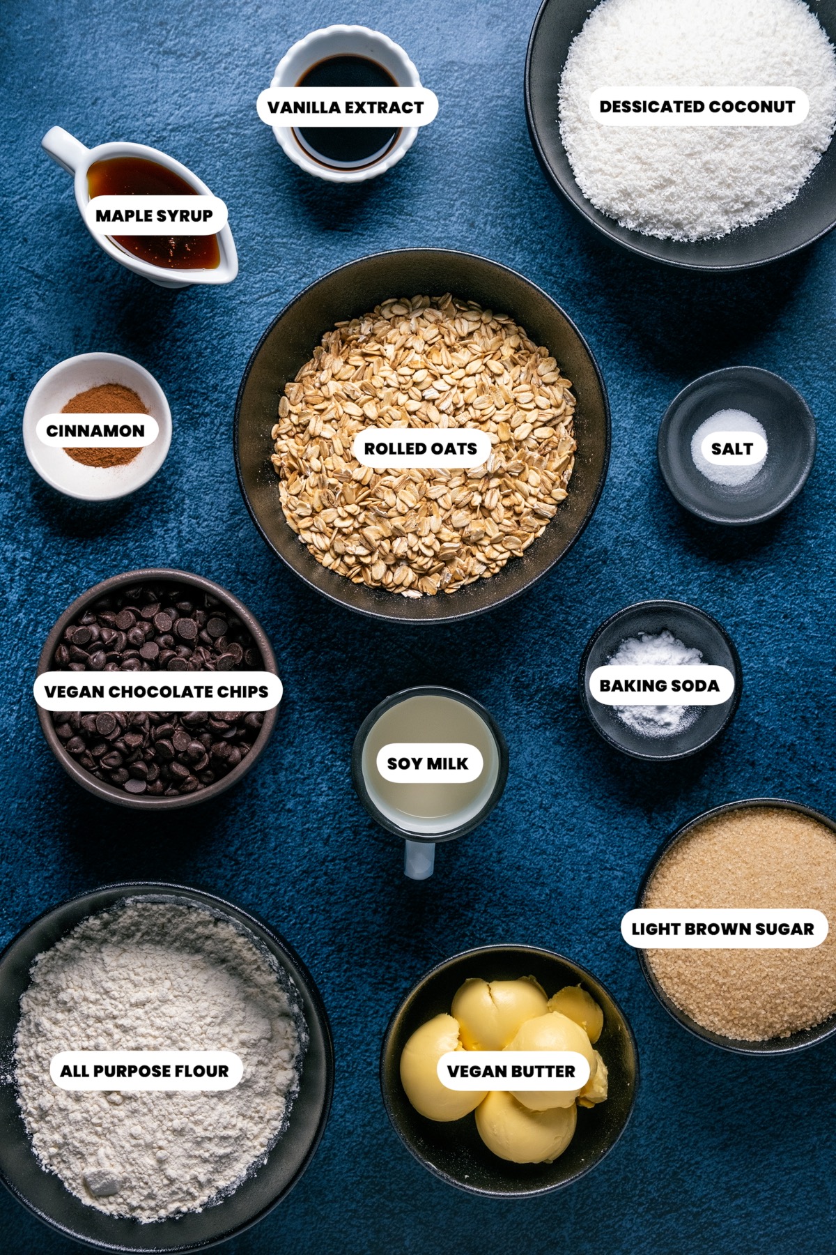 Photo of the ingredients needed to make vegan oatmeal chocolate chip cookies.