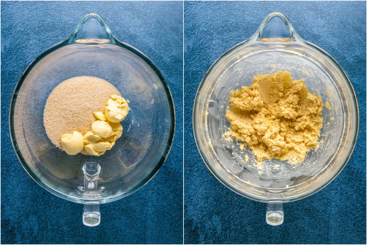 Two photo collage showing vegan butter and brown sugar added to stand mixer and creamed together.