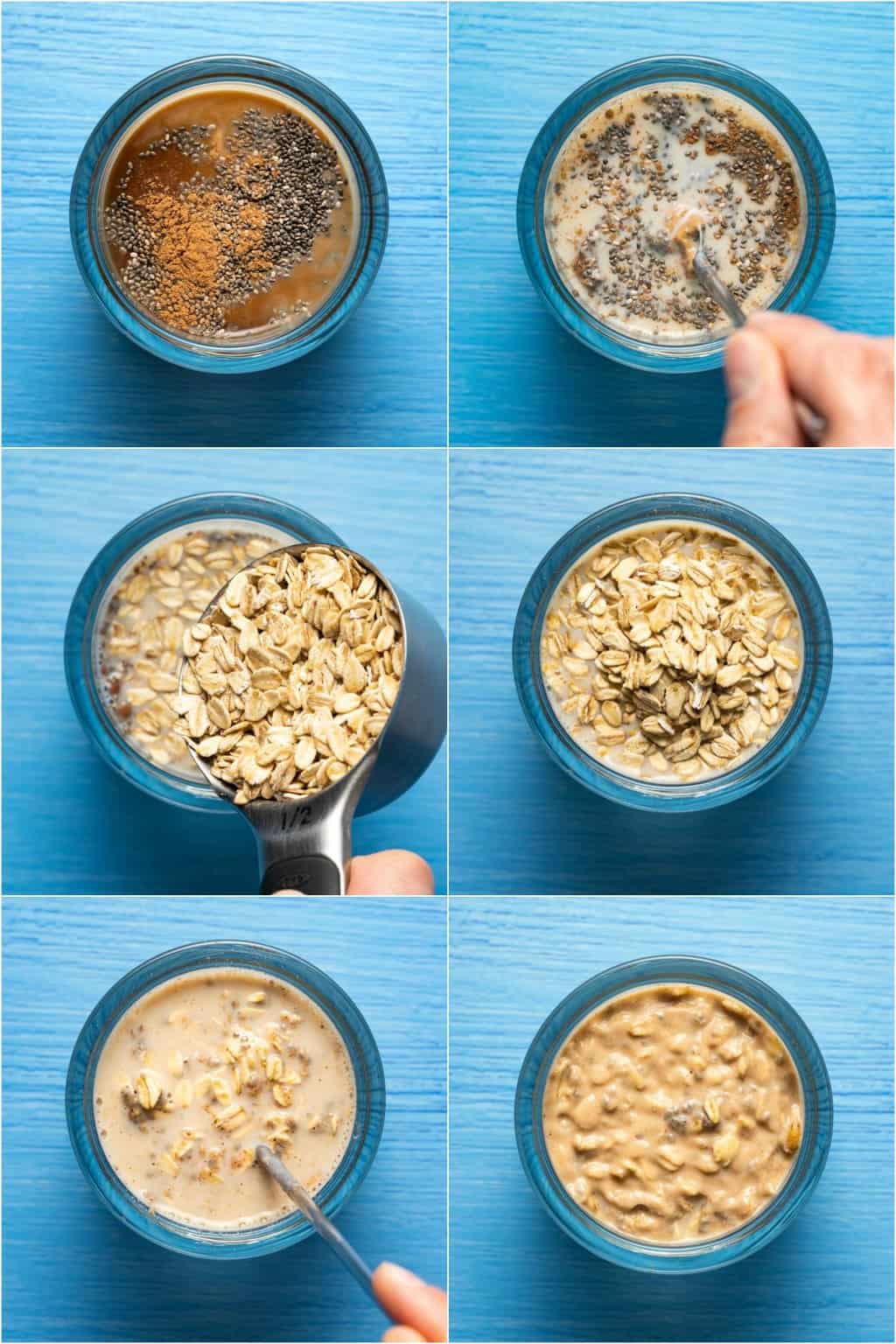Step by step process photo collage of making overnight oats. 