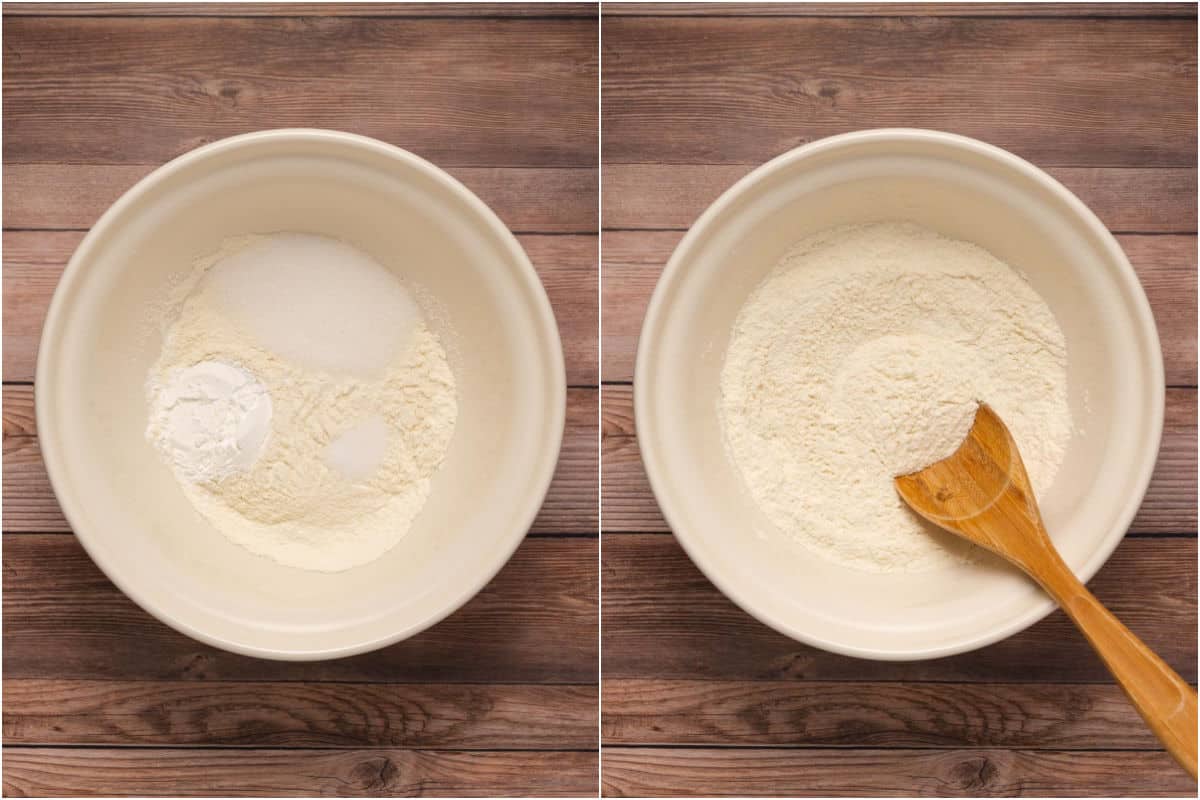 Collage of two photos showing dry ingredients added to bowl and mixed. 