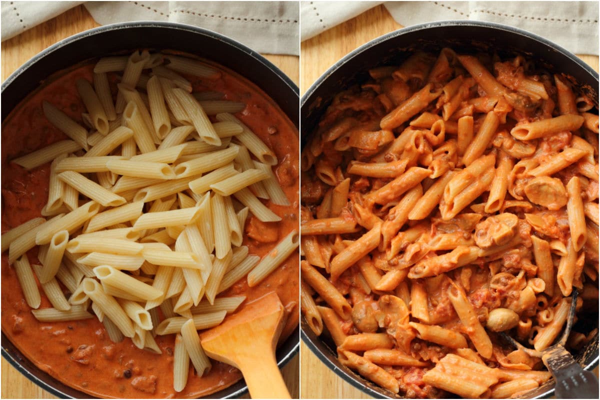 Two photo collage showing cooked pasta added to pot and mixed in with the sauce.