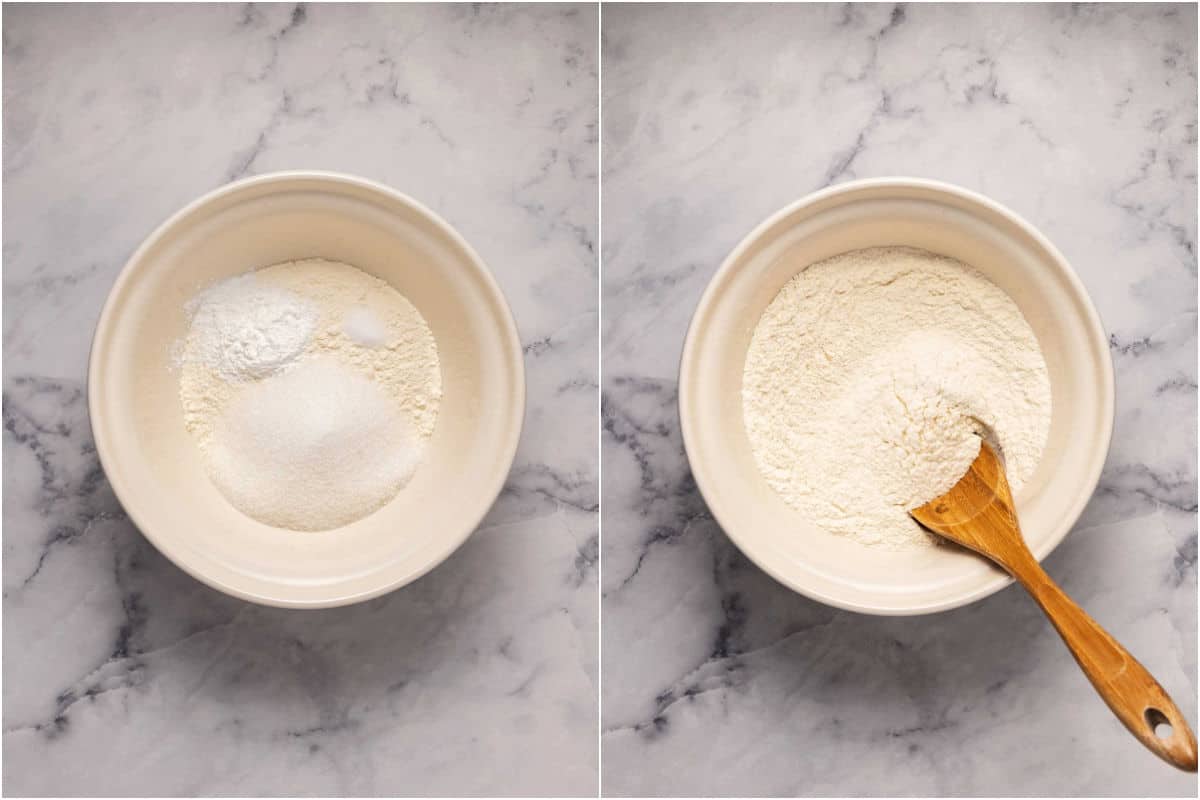Two photo collage of dry ingredients in a bowl and then mixed with a wooden spoon. 