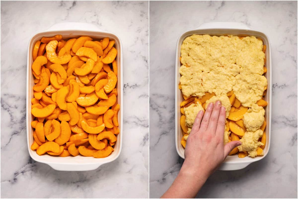 Photo collage of two photos showing peaches in a 9x13 dish and then topped with batter. 
