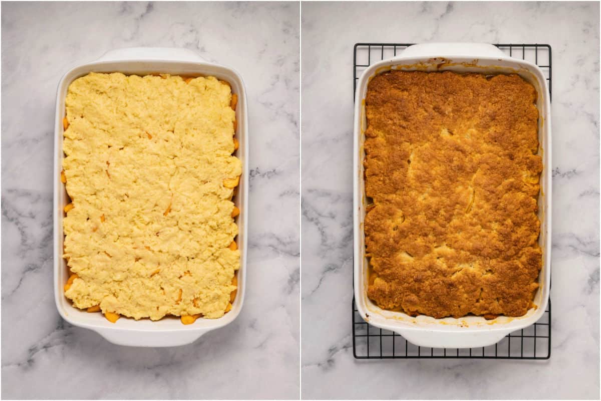 Two photo collage showing peach cobbler before and after baking. 