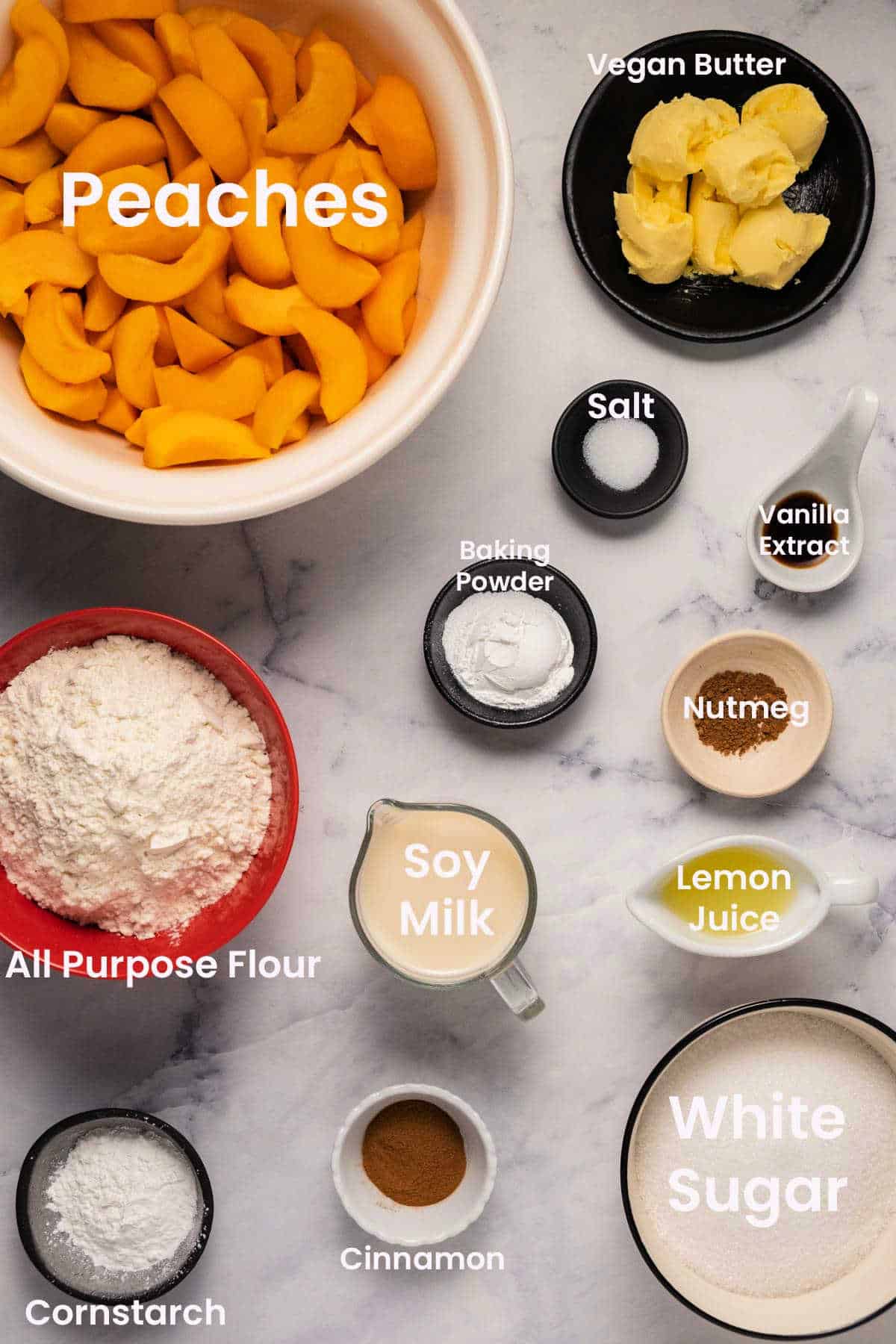 Ingredients to make a vegan peach cobbler. 