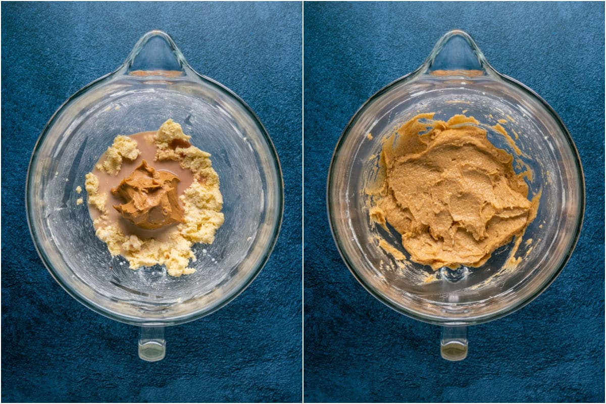 Two photo collage showing peanut butter, soy milk and vanilla extract added to stand mixer and mixed in.