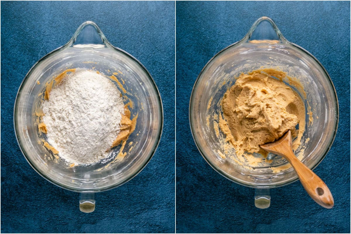 Collage of two photos showing dry ingredients added to wet and mixed into a cookie dough.