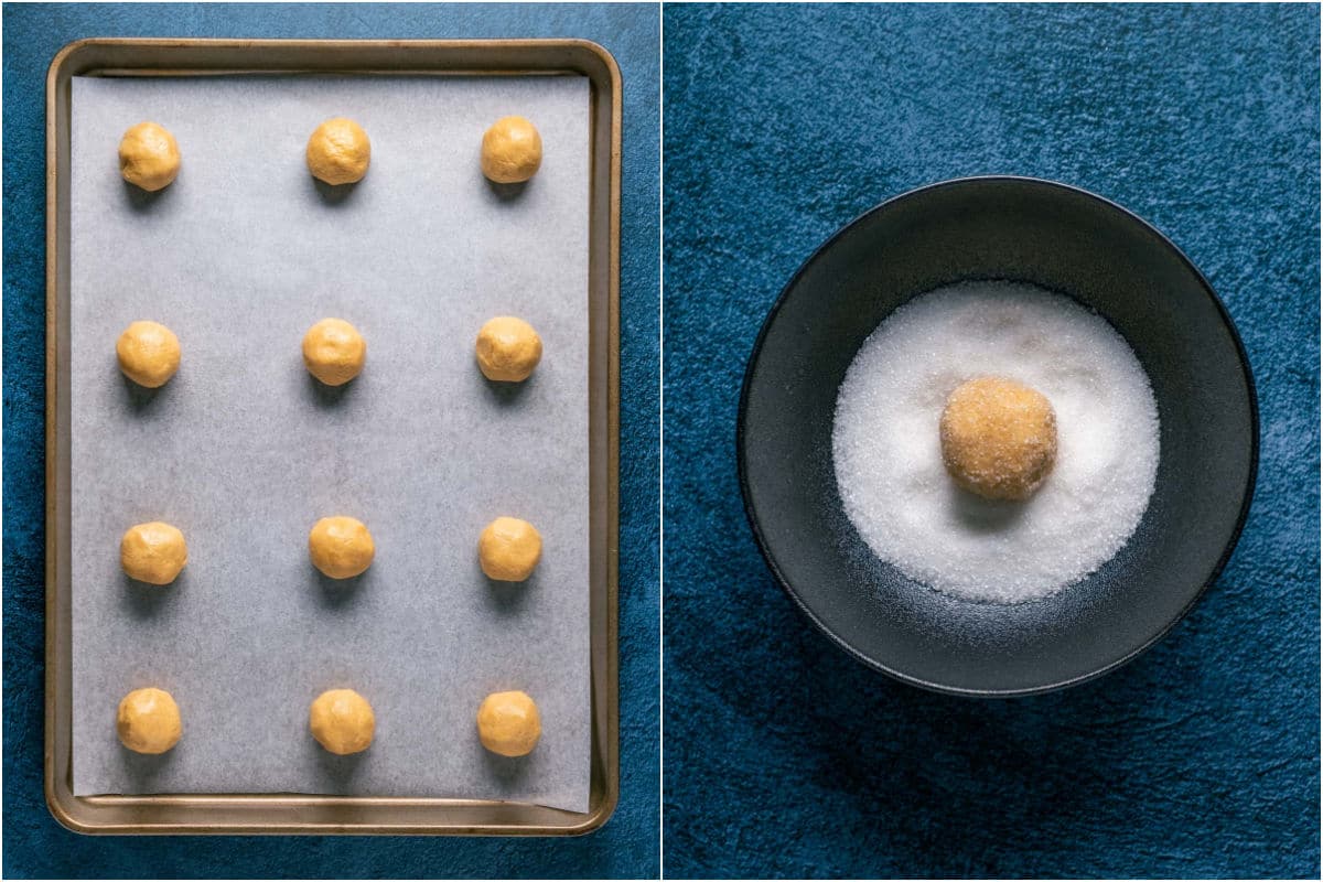 Two photo collage showing cookies rolled into balls on a parchment lined sheet and then dipped in sugar.