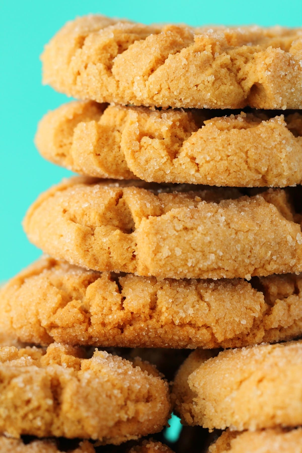 A stack of vegan peanut butter cookies. 