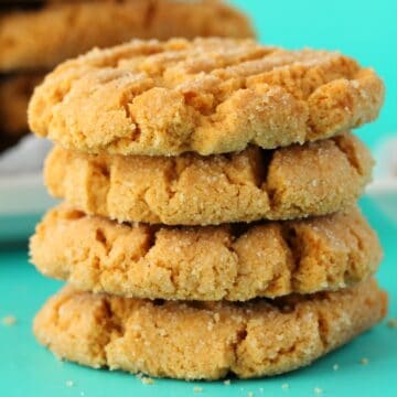Vegan peanut butter cookies in a stack of four.