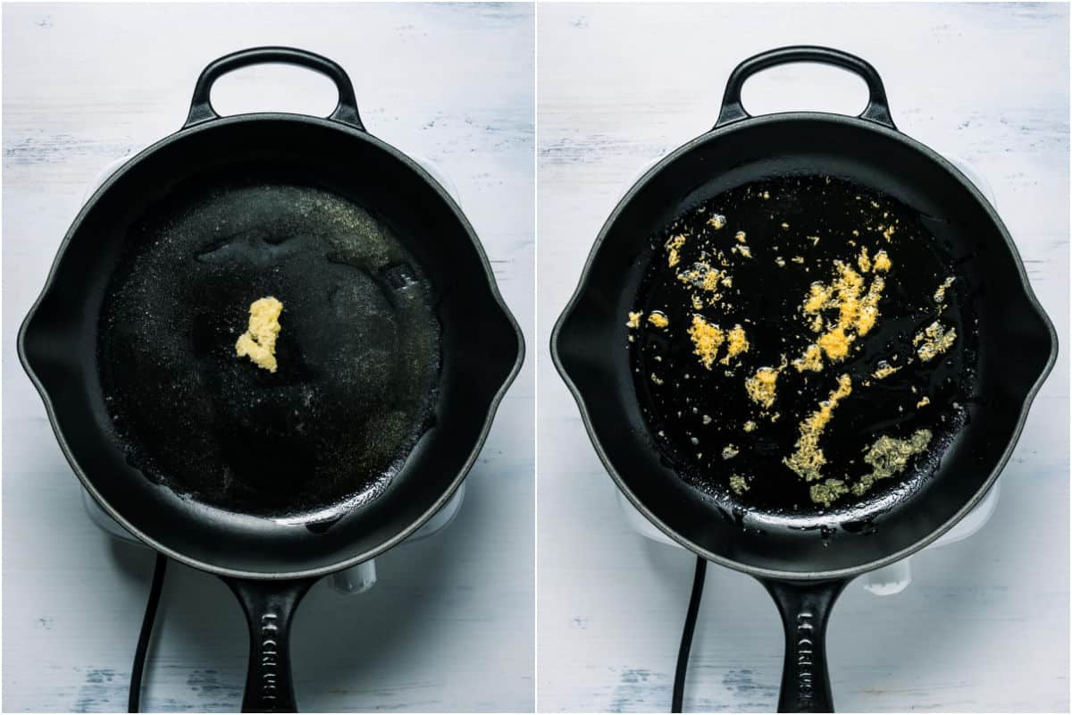 Collage of two photos showing crushed garlic added to skillet and sautéed.