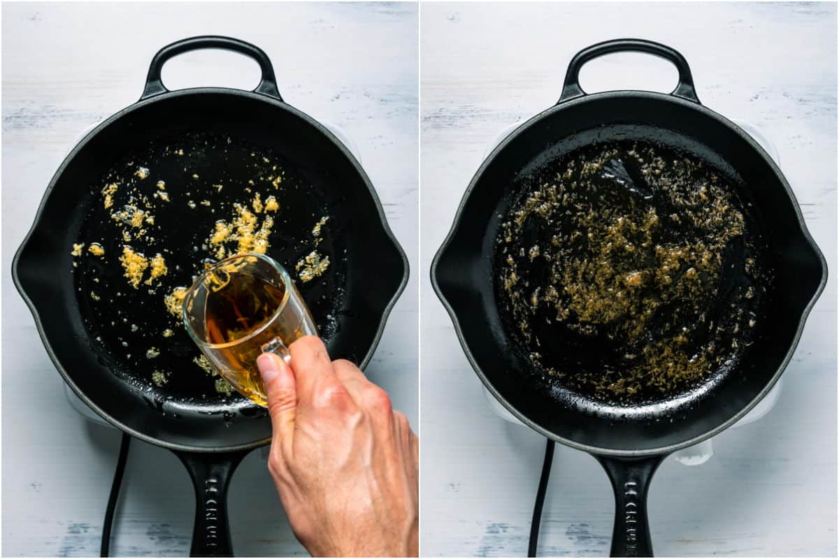 Two photo collage showing brandy added to skillet and cooked off until reduced slightly.
