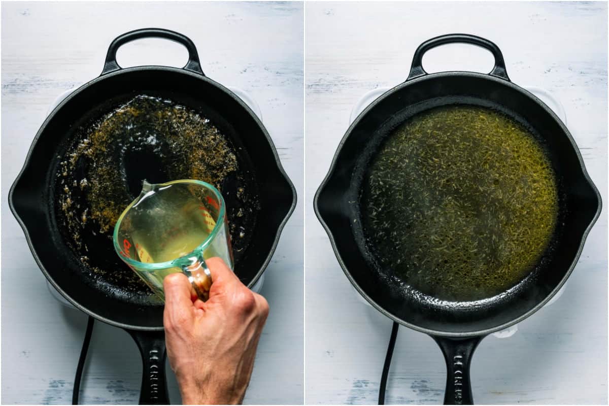 Two photo collage showing vegetable stock added to skillet and cooked off until reduced slightly.