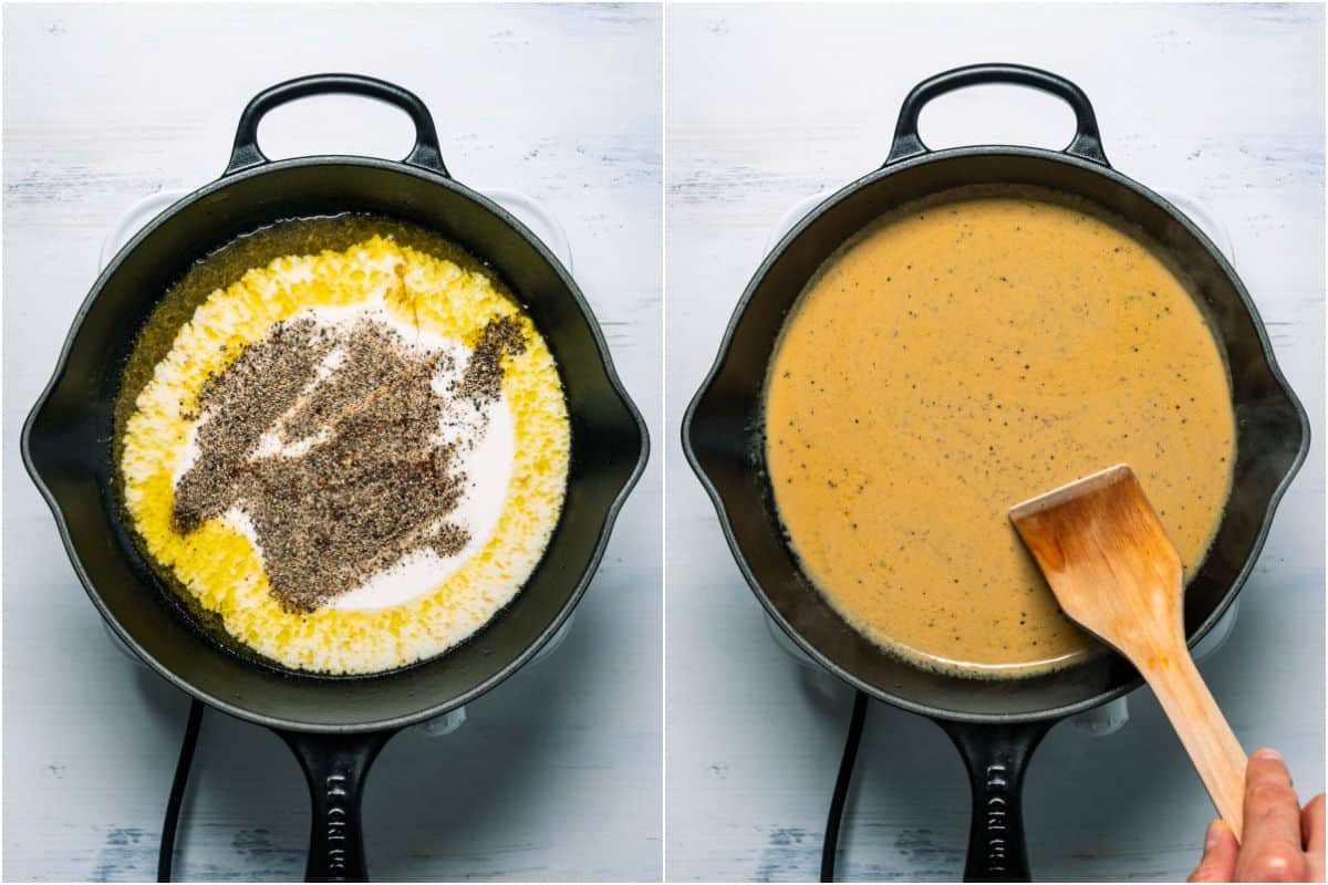Two photo collage showing coconut cream, black pepper and soy sauce added to skillet and mixed in.