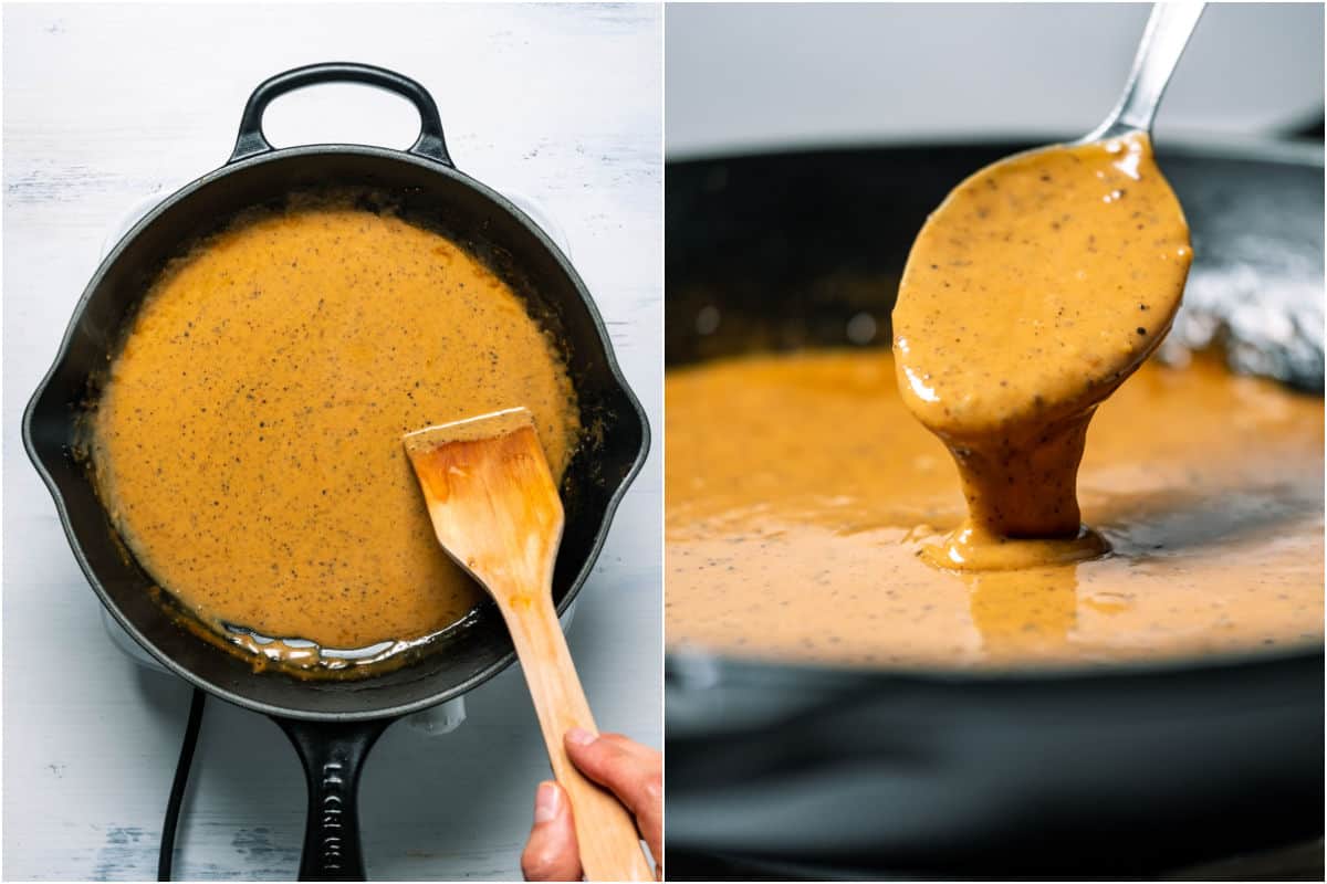 Two photo collage showing reduced thickened vegan peppercorn sauce.
