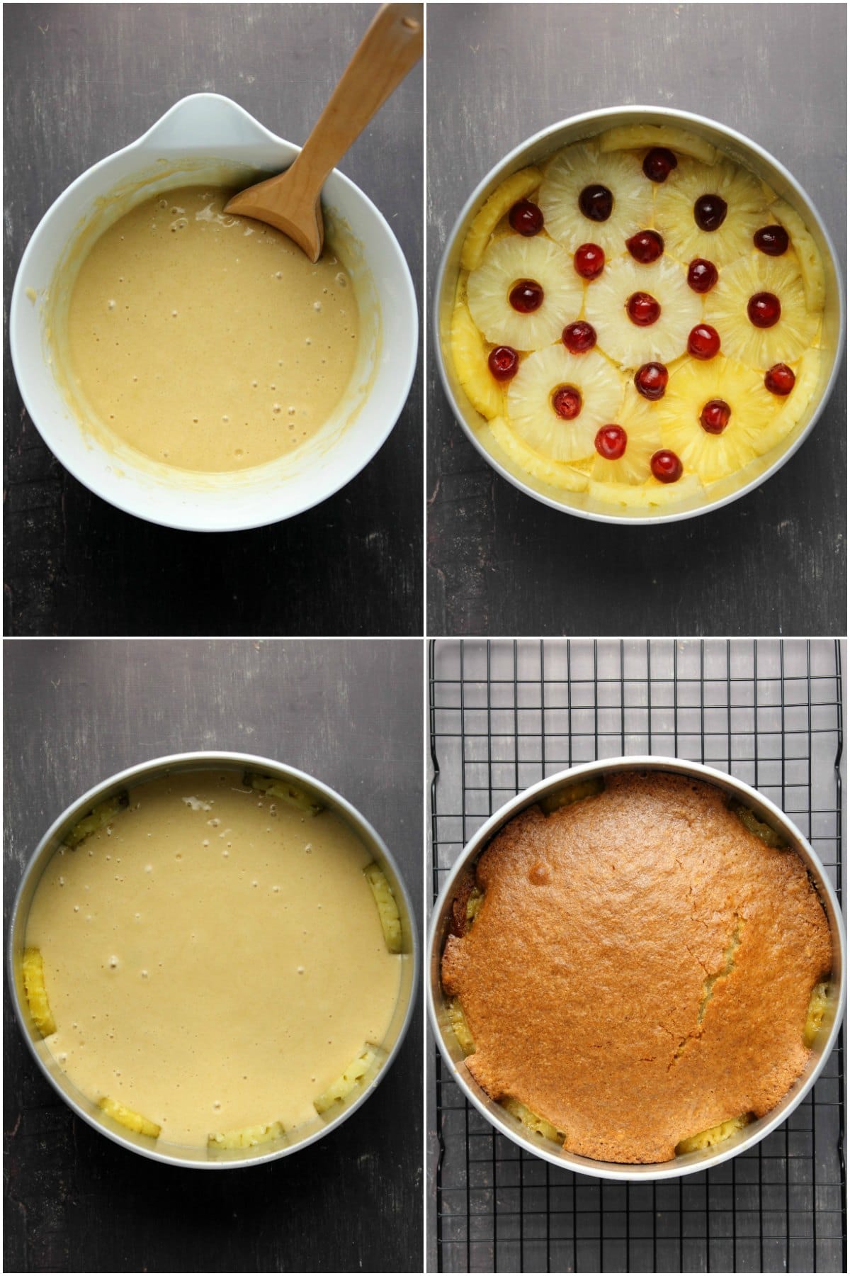 Step by step process photo collage of making a vegan pineapple upside down cake.