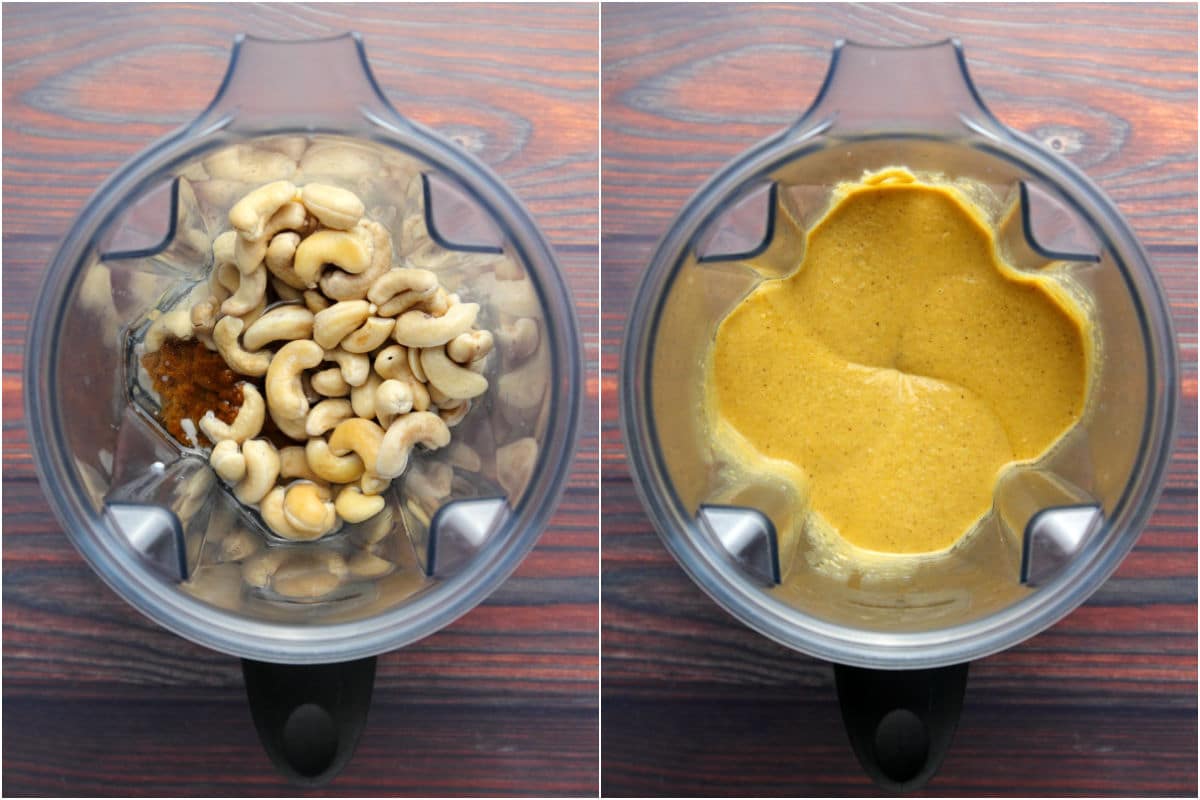 Two photo collage showing filling ingredients added to blender and blended.