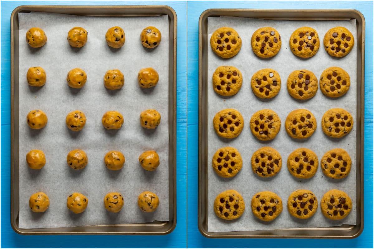 Two photo collage showing cookies on a parchment lined baking tray before and after baking.