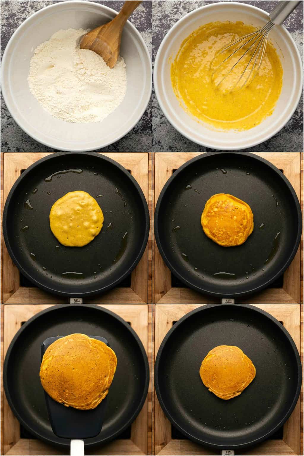 Step by step process photo collage of making vegan pumpkin pancakes. 