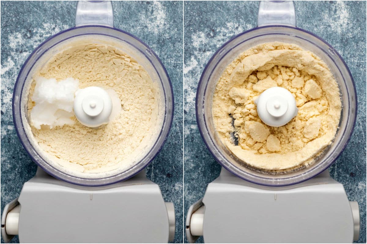 Two photo collage showing coconut oil added to food processor and processed until crumbly.